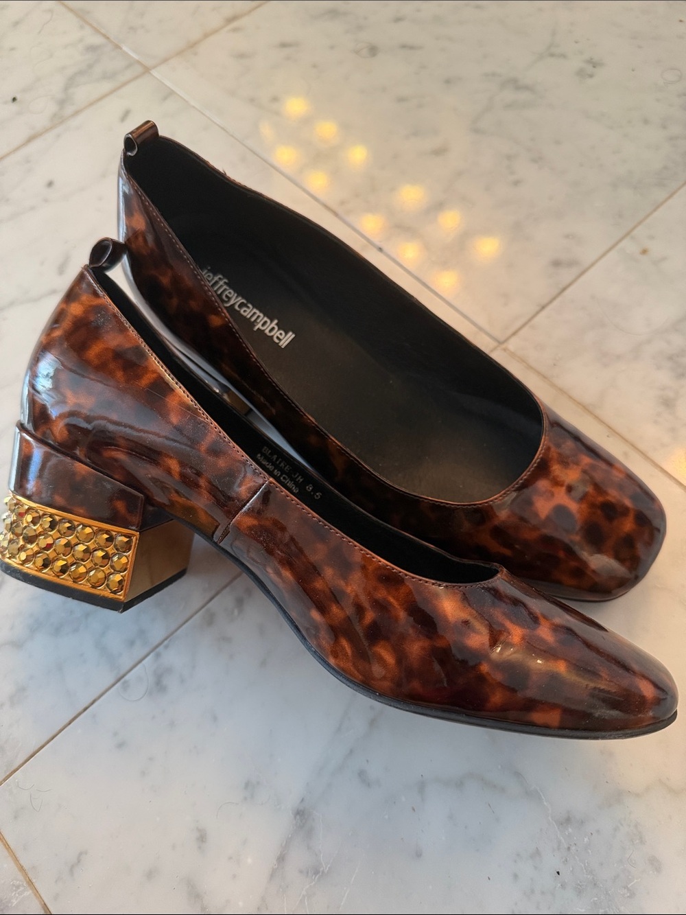Jeffrey Campbell Tortoiseshell Patent Block Heel Pumps with Gold Stud Detail
